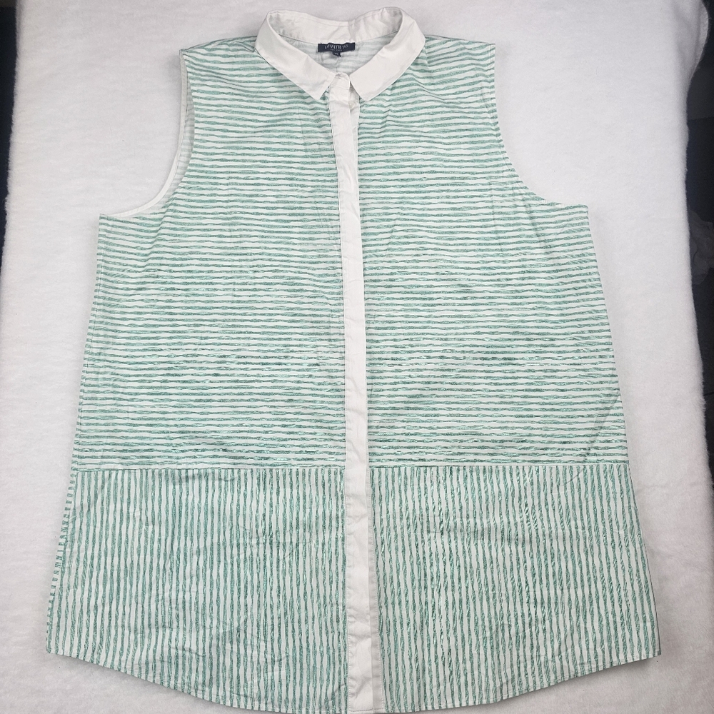 Lafayette 148 XL Green White Stripe Sleeveless Blouse Button Up Spring Layer